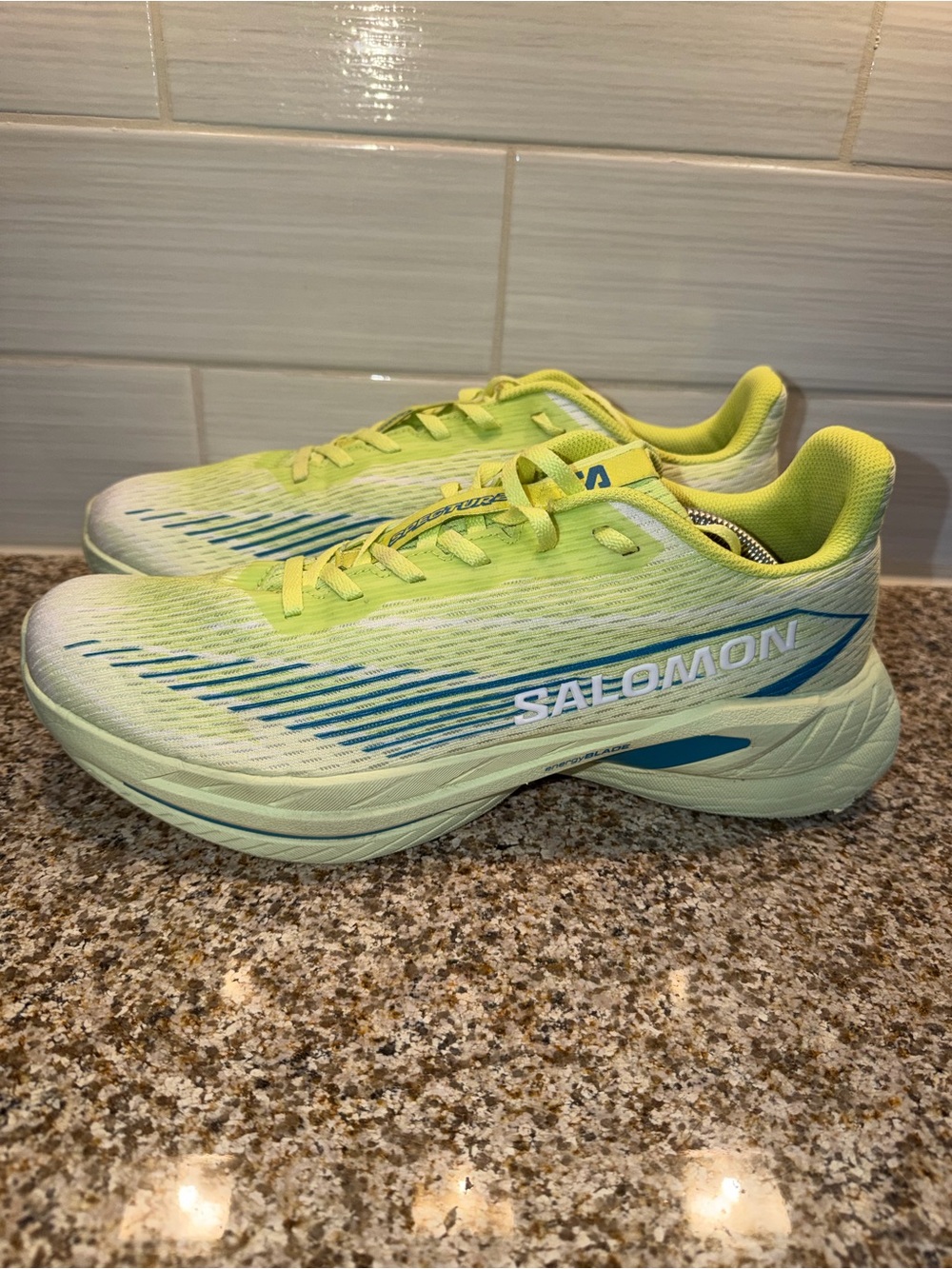 Salomon Yellow-Green Road Running Shoes with Blue Accents